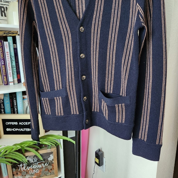 Club Monaco Blue and Gold Striped Long Sleeve Cardigan Sweater - Picture 2 of 5